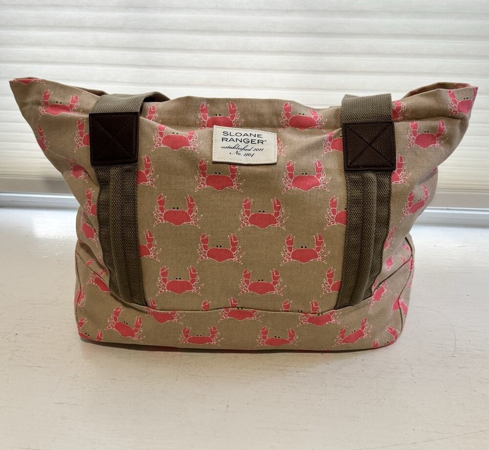 Sloane Ranger Tan And Pink Crab Canvas Tote Zipper Top Shoulder Bag Duffel